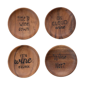 Acacia Wood Tapas Plates with Burned Wine Sayings - Set of 4